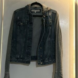 Express Jeans Distressed Denim Jacket w/ Gray Terry cloth sleeves Size: MP
